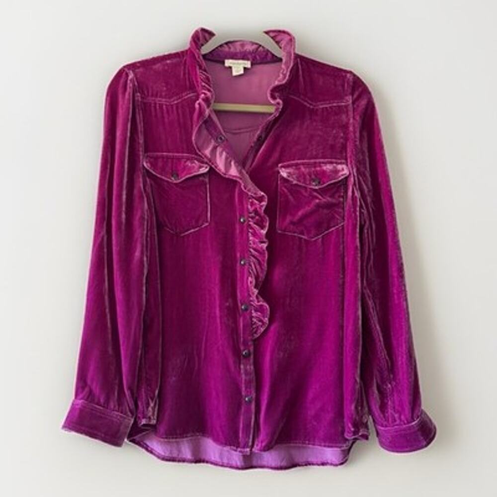 Sundance Purple Velvet Button Up Ruffle Collared Long Sleeve Blouse Womens L